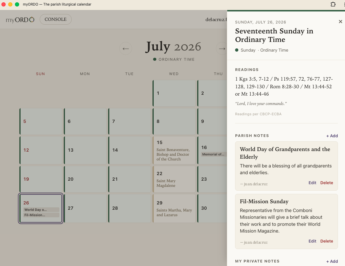 myORDO monthly calendar with the day detail panel showing the readings and parish notes for the day